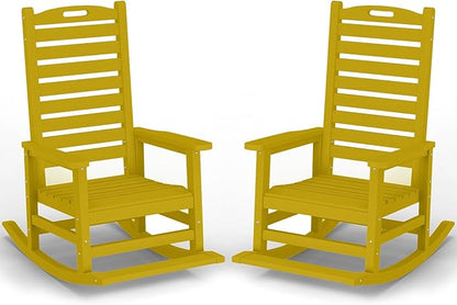 PLUUV Outdoor Rocking Chair Set of 2 with Removable Footboard for Adults, HDPE High Back Patio Rocking Chairs, 330lbs All Weather Porch Rocking Chairs for Outdoor & Indoor -Yellow