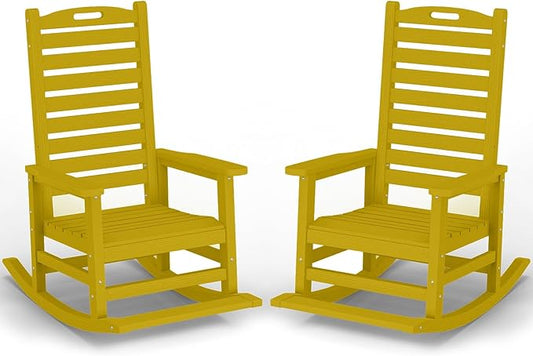 PLUUV Outdoor Rocking Chair Set of 2 with Removable Footboard for Adults, HDPE High Back Patio Rocking Chairs, 330lbs All Weather Porch Rocking Chairs for Outdoor & Indoor -Yellow