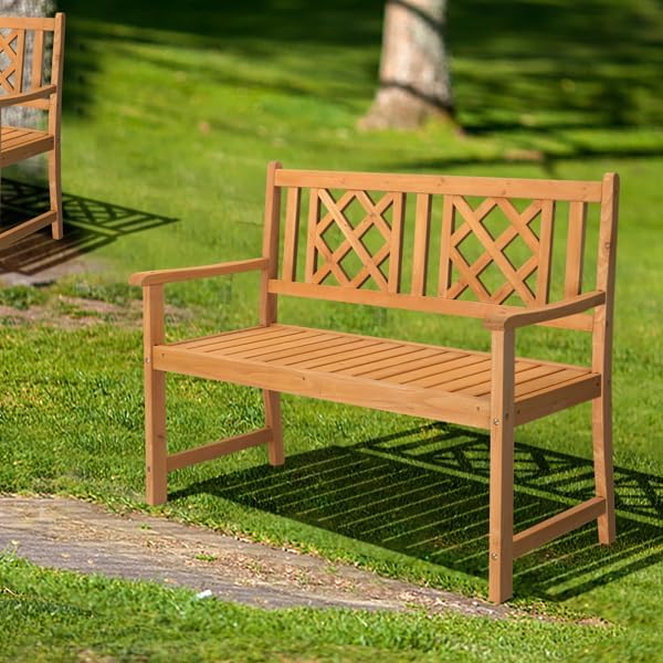 Outdoor Garden Wooden Bench with Fir Grid Back, Burlywood Patio Seat for Porch Deck Yard, Weather-Resistant Slatted Design with Armrests, Folding Structure for Comfort Lounging and Rustic Style Décor