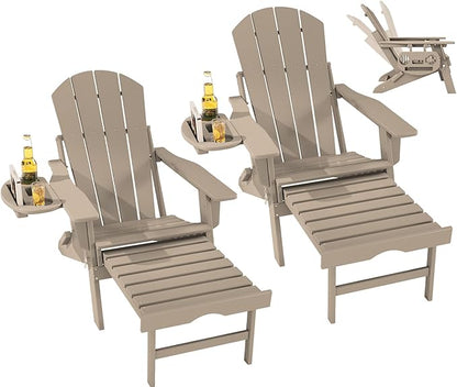 FOOWIN Folding Adjustable Adirondack Chair with Retractable Ottoman Set of 2, HDPE Adirondack Chair w/4 in 1 Cup Holder Trays,All-Weather Resistant Fire Pit Chair for Outdoor Patio Lawn, Brown