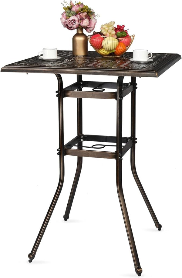 VINGLI Cast Aluminum Patio Bar Table, 42" Height High Top Outdoor Bar Table with Umbrella Hole - Photo 1
