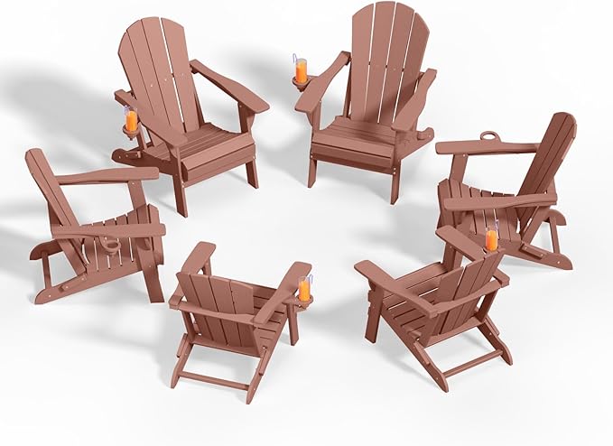Folding Adirondack Chairs with Cup Holders, Set of 6 HDPE Plastic Outdoor Chairs, Weather Resistant, Real Wood Look, Heavy-Duty Patio Furniture for Deck, Fire Pit, Backyard, Coffee