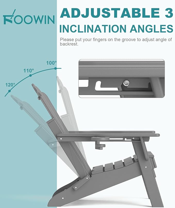 FOOWIN HDPE Adjustable Adirondack Chair Set of 8, 400lbs Heavy Duty Folding Patio Chairs with Cup Holder, 3-Position Reclining Fire Pit Seating, All-Weather Poly Lumber for Backyard, Deck - Grey