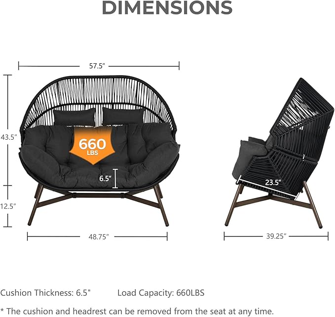 Grand patio Outdoor Modern 2-Seat Wicker Egg Chair with Cushion, Stationary Patio Loveseat Accent Chair, Grey