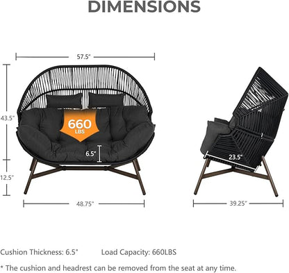 Grand patio Outdoor Modern 2-Seat Wicker Egg Chair with Cushion, Stationary Patio Loveseat Accent Chair, Grey