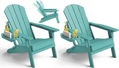 Adjustable Adirondack Chair Set of 2 with Cup Holder, All Weather HDPE Fire Pit Chairs for Deck, Backyard, Patio, Lake Blue