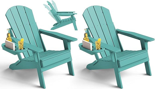 Adjustable Adirondack Chair Set of 2 with Cup Holder, All Weather HDPE Fire Pit Chairs for Deck, Backyard, Patio, Lake Blue