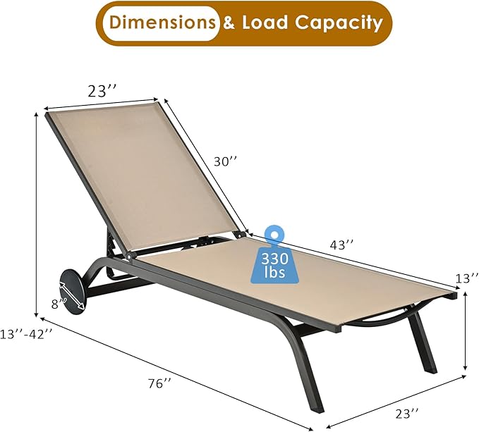 Giantex Lounge Chairs for Outside Patio Chaise Lounges Aluminum Recliner W/Adjustable 6 Backrest Positions and Wheels - Photo 3