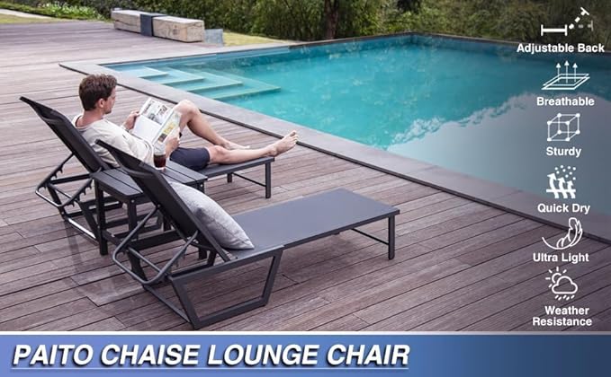 Lounge Chair Outdoor, No Assembly Required Pool Lounge Chairs,5-Position Adjustment Aluminum Patio Lounge Chair with Portable Design for Pool, Beach, Deck, Backyard Use (Black,1pcs)