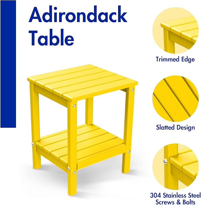 BRIOPAWS Outdoor-Side-Table | Small | HDPE Plastic | Patio End-Table | 2-Shelf Adirondack Outside Tables | All Weather | for Poolside Front Porch Indoor Living Room | 14" x 13" | Yellow