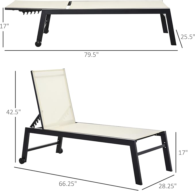 Outsunny Outdoor Chaise Lounge with Wheels, Five Position Recliner for Sunbathing, Suntanning, Steel Frame, Breathable Fabric for Beach, Yard, Patio, Cream White
