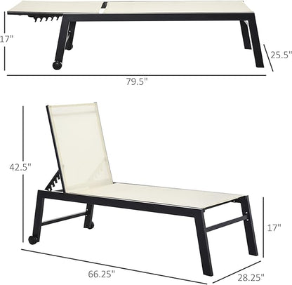 Outsunny Outdoor Chaise Lounge with Wheels, Five Position Recliner for Sunbathing, Suntanning, Steel Frame, Breathable Fabric for Beach, Yard, Patio, Cream White