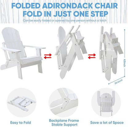 Folding Adirondack Chair, All Weather Resistant Plastic Chair with Cup Holder, Fold or Unfold Easily in 1 Second, Outdoor Chairs for Patio, Garden, Backyard Deck, Lawn Fire Pit(White)