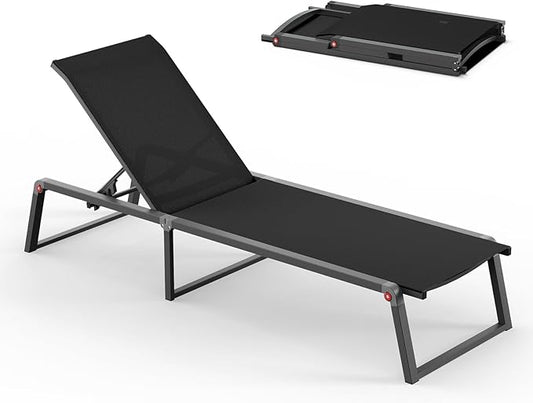 Aluminum Chaise Lounge Chair Outdoor, Foldable & Assembly Free Patio Pool Lounge Chairs 5-Position Recliner for Outside Poolside, Fully Grounded Legs Sun Lounger for Beach, Yard, Black