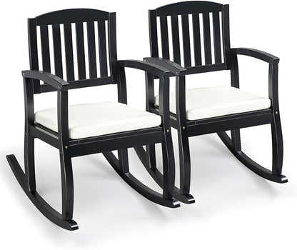 VINGLI Patio Rocking Chair with Cushion, Wood Rocking Bench with Comfortable Backrest, Outdoor Wooden Rocker Support 450 LBS for Indoors & Outdoors, Black(2 PCS)