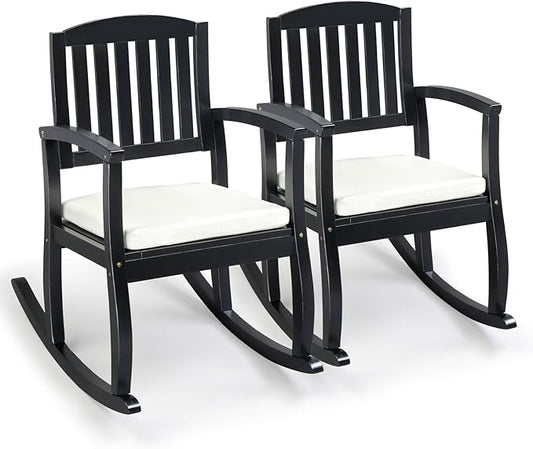VINGLI Patio Rocking Chair with Cushion, Wood Rocking Bench with Comfortable Backrest, Outdoor Wooden Rocker Support 450 LBS for Indoors & Outdoors, Black(2 PCS)