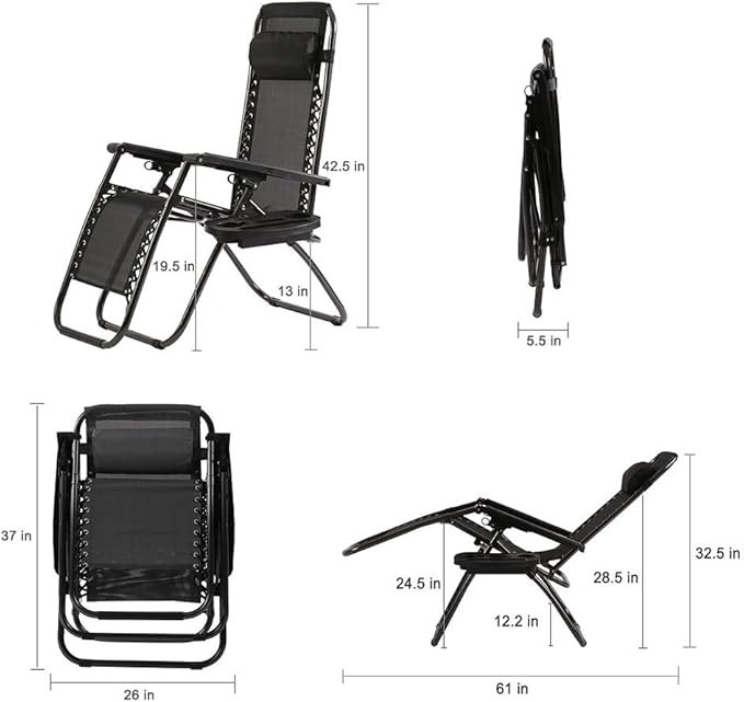 FDW Zero Gravity Chairs Set of 2 Black Lounge Patio Chairs Outdoor Yard Beach with Cup Holders, Black - Photo 3