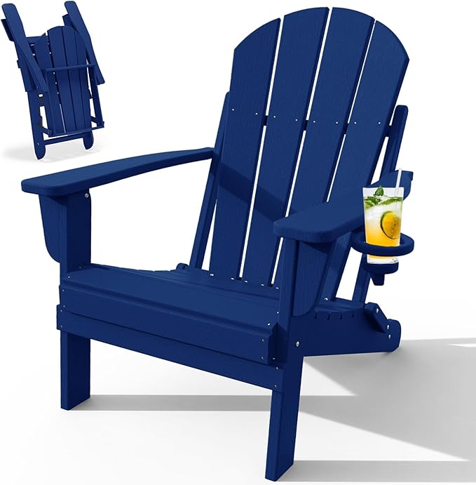 Adirondack Chair with Cup Holder, Folding HDPE Patio Chairs, Outdoor Plastic Fire Pit Chair, Wood Texture, Lawn Chairs for Deck, Porch, Backyard, Garden, Navy Blue