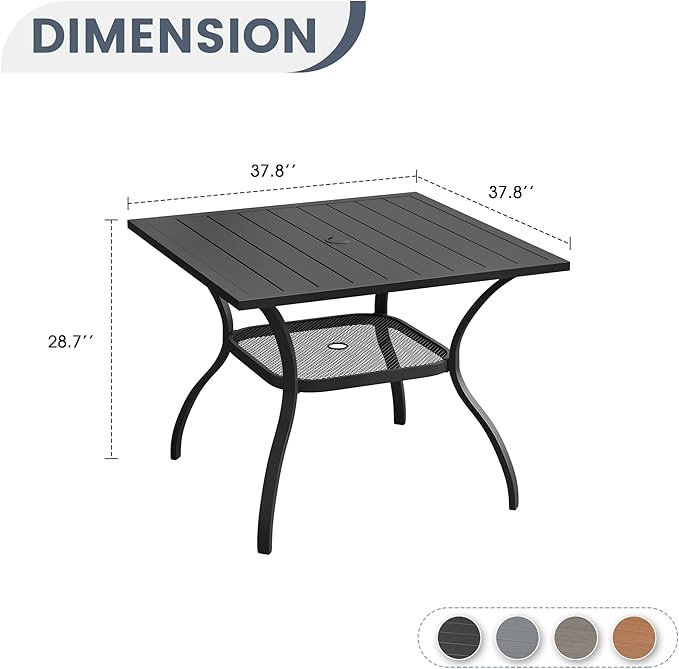 VICLLAX Outdoor Patio Dining Table for 4, Square Metal Table with Umbrella Hole and Storage Shelf for Garden, Lawn, Balcony, Deck, Black