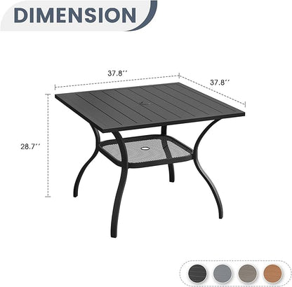 VICLLAX Outdoor Patio Dining Table for 4, Square Metal Table with Umbrella Hole and Storage Shelf for Garden, Lawn, Balcony, Deck, Black