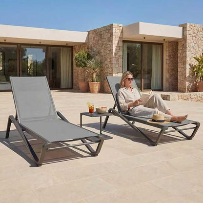 Outdoor Chaise Lounge Chair Set of 2 with Side Table, 5-Position Adjustable Patio Lounge Chair with Aluminum Frame, Textilene Fabric Pool Loung Chairs for Poolside, Deck, Backyard (Grey)
