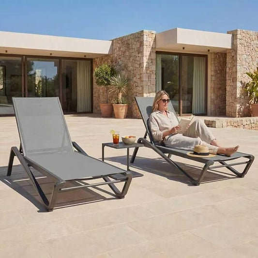 Outdoor Chaise Lounge Chair Set of 2 with Side Table, 5-Position Adjustable Patio Lounge Chair with Aluminum Frame, Textilene Fabric Pool Loung Chairs for Poolside, Deck, Backyard (Grey)