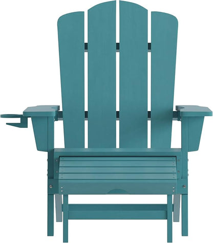 Flash Furniture Newport Adirondack Cup Holder and Pull Out Ottoman, All-Weather HDPE Indoor/Outdoor Lounge Chair, Set of 2, Blue