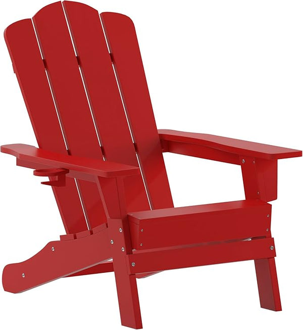 Flash Furniture Newport Adirondack Chair with Cup Holder, Weather Resistant Poly Resin Adirondack Chair, Red - Photo 1