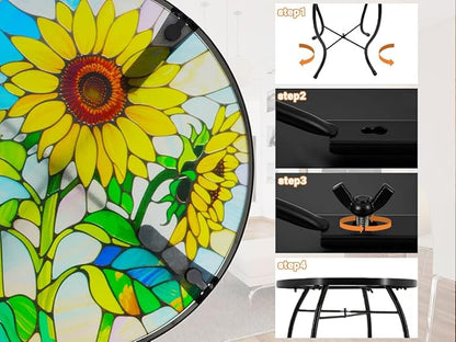Small Side Table with Metal Frame, 10.5" Round Side Tables with Sunflower Pattern,Outdoor Table for Balcony,Terrace,Garden,Living Room