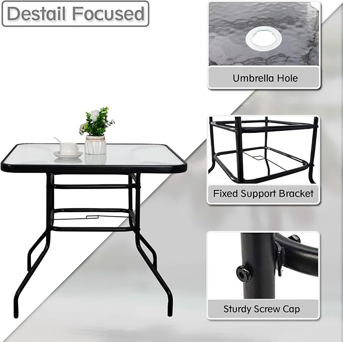 DIMAR GARDEN 32" Outdoor Coffee Table with Umbrella Hole, Patio Square Side Bistro Table with Glass Top, Black - Photo 6