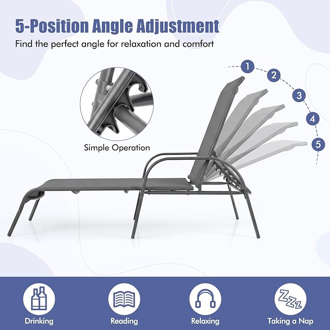 Tangkula Lounge Chair Outdoor, Patio Chaise Lounge with Adjustable Backrest, Reclining Pool Lounge Chair for Outside with Heavy Duty Steel Frame, Suitable for Beach, Yard, Balcony, Poolside
