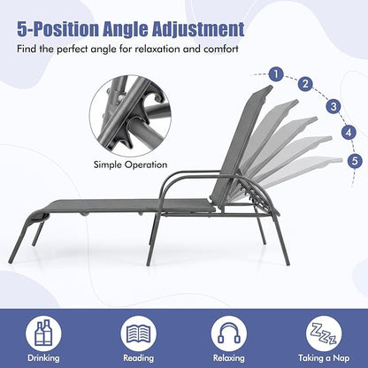 Tangkula Lounge Chair Outdoor, Patio Chaise Lounge with Adjustable Backrest, Reclining Pool Lounge Chair for Outside with Heavy Duty Steel Frame, Suitable for Beach, Yard, Balcony, Poolside