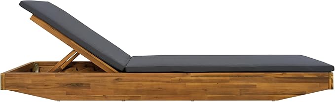 Acacia Wood Chaise Lounge with 2-Fold Thin Cushion - Teak Finish Outdoor Recliner with Cream Water-Repellent Cushion, 79.6" L x 29" W, 300 lbs