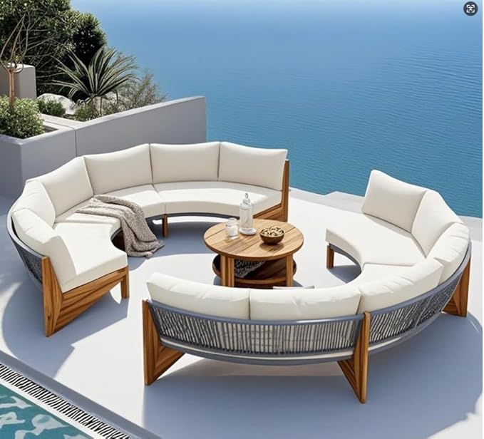 Quarte Outdoor Acacia Wood Round Sofa Set, Half-Moon Sectional Sets with Coffee Table, 6-Person Seating Group for Garden - Photo 1