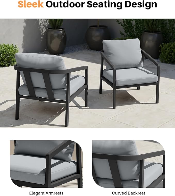 Patio Sofa Chairs Set of 2, Never-Rust Aluminum Outdoor Armchair with Removable Cushions, All Weather 2 Pieces Outdoor Club Chairs, Outdoor Sofa Chairs for Garden, Lawn, Backyard, Black | Never-Rust, Removable Cushions, All Weather, Wraparound Design