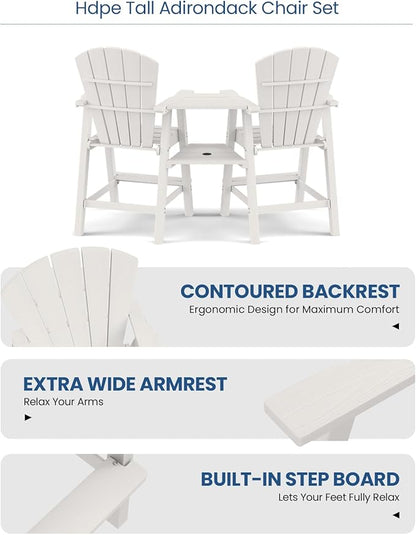 Ciokea Tall Adirondack Chairs Set of 4, HDPE Outdoor Adirondack Bar Stools with Double Connecting Tray, Weather Resistant High Back Adirondack Balcony Chairs for Deck, Lawn, Pool, Backyard, White