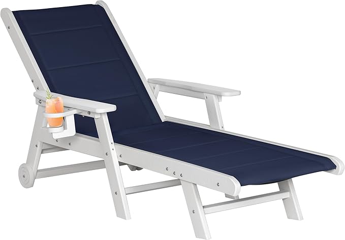 Outdoor Chaise Lounge Chair with Textilene Surface, 5-Position Adjustable Patio Lounge Chair with Wheels & Cup Holder, HDPE Pool Lounge Chair for Outside, Poolside & Beach (Dark Blue+White, 1)