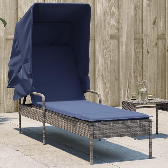 Modern Patio Sun Lounger with Canopy in Gray and Navy Blue, Adjustable Backrest and Armrests for Outdoor Relaxation - Photo 1