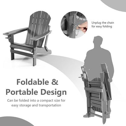 Giantex Folding Adirondack Chair, HDPE Patio Chairs Fire Pit Lounge Chair W/Retractable Ottoman & Cup Holder, Weatherproof Outdoor Adirondack Chairs for Porch, Garden, Backyard (1, Gray)