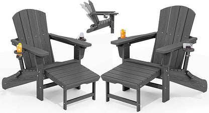 KINGYES Folding Adjustable Adirondack Chair with Retractable Ottoman Set of 2, HDPE All Weather Chair with Cup Holder, Wood-Like Recliner Adirondack Outdoor Chair - Versatile Adirondack Chair, Grey