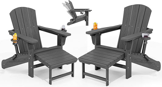 KINGYES Folding Adjustable Adirondack Chair with Retractable Ottoman Set of 2, HDPE All Weather Chair with Cup Holder, Wood-Like Recliner Adirondack Outdoor Chair - Versatile Adirondack Chair, Grey