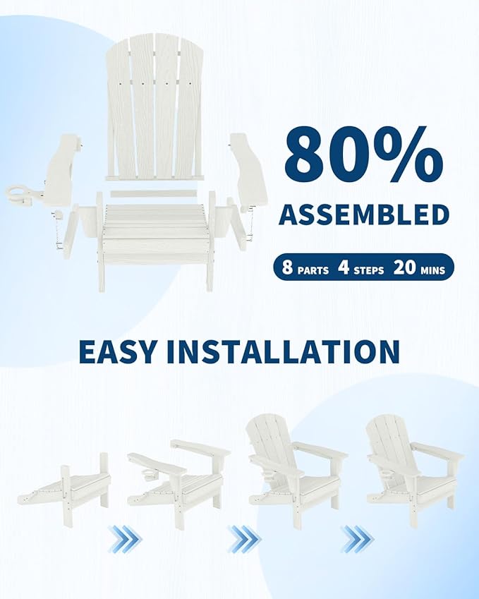 Folding Adirondack Chair Set of 5, All-Weather HDPE Outdoor Chair, Wooden Textured with Cup Holder for patios, Decks, Gardens, fire pits, White