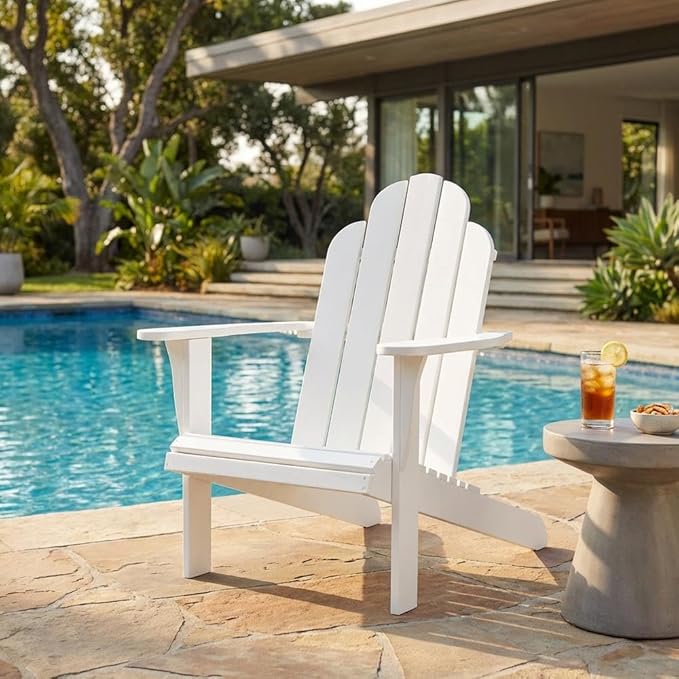 White Adirondack Chair in Solid Acacia Wood, Durable Craftsmanship, Classic Comfortable Design, Ideal for Patio, Garden, Outdoor Living