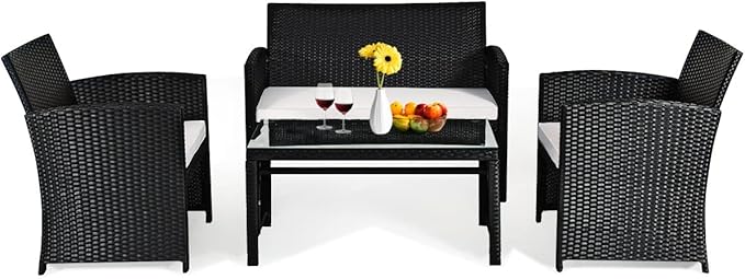 4PCS Patio Rattan Furniture Conversation Set Cushioned Sofa Table Garden Single Sofa