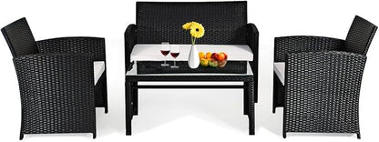 4PCS Patio Rattan Furniture Conversation Set Cushioned Sofa Table Garden Single Sofa