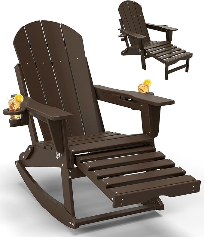 Adirondack Rocking Chair with Retractable Ottoman, All Weather Folding Adirondack Chair with Two Cup Holders, Adirondack Outdoor Rocking Chairs for Porch, Patio, Balcony. Coffee