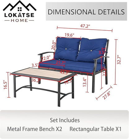 LOKATSE HOME Outdoor 2 Pcs Patio Loveseat Bench with Thick Cushions Coffee Table Metal Furniture Set Sofa for Garden Poolside Balcony