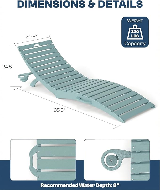 in-Pool Lounge Chairs Set of 2, Folding HDPE Pool Chairs Anti-Floating No Sandbags with Cup Holder & Handles, Outdoor Chaise Lounge for Poolside, Patio & Sun Deck(Light Blue)