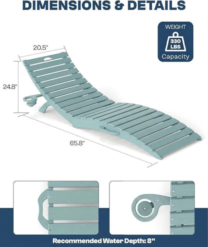 in-Pool Lounge Chairs Set of 2, Folding HDPE Pool Chairs Anti-Floating No Sandbags with Cup Holder & Handles, Outdoor Chaise Lounge for Poolside, Patio & Sun Deck(Light Blue)