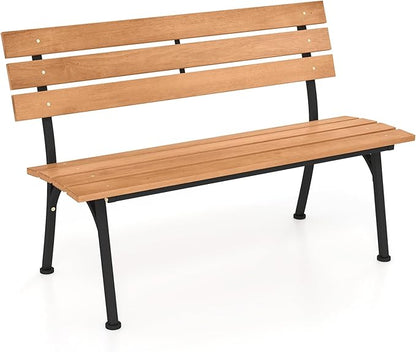 HAPPYGRILL Outdoor Acacia Wood Bench, 2-Person Park Bench with Metal Frame, Slatted Seat and Backrest, Patio Loveseat for Front Porch, Backyard, Garden